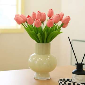 ucky Pink Artificial Flowers - 20 Pcs Fake Tulips, Realistic Touch Spring Summer Fake Flowers, for Home Decor, Outdoor Garden Parties and Wedding Decorations, Mother's Day, Easter Gifts