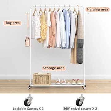 Sywhitta Rolling Clothes Rack with Bottom Shelf for Easy Storage
