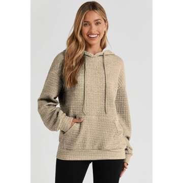 SHEWIN Womens Hoodies Casual Long Sleeve Drawstring Waffle Hoodie Pullover Sweatshirts Loose Hooded Sweatshirt for Women Trendy Fall Tops,US 4-6(S),Khaki