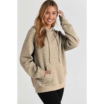 SHEWIN Womens Hoodies Casual Long Sleeve Drawstring Waffle Hoodie Pullover Sweatshirts Loose Hooded Sweatshirt for Women Trendy Fall Tops,US 4-6(S),Khaki