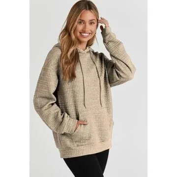 SHEWIN Womens Hoodies Casual Long Sleeve Drawstring Waffle Hoodie Pullover Sweatshirts Loose Hooded Sweatshirt for Women Trendy Fall Tops,US 4-6(S),Khaki