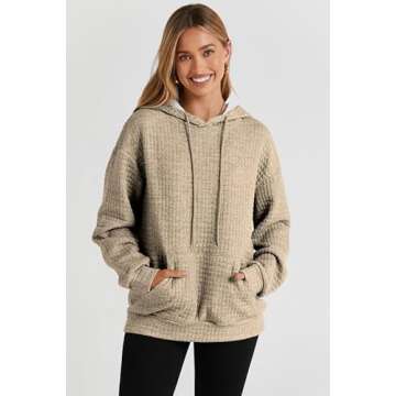 SHEWIN Womens Hoodies Casual Long Sleeve Drawstring Waffle Hoodie Pullover Sweatshirts Loose Hooded Sweatshirt for Women Trendy Fall Tops,US 4-6(S),Khaki