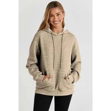 SHEWIN Womens Hoodies Casual Long Sleeve Drawstring Waffle Hoodie Pullover Sweatshirts Loose Hooded Sweatshirt for Women Trendy Fall Tops,US 4-6(S),Khaki