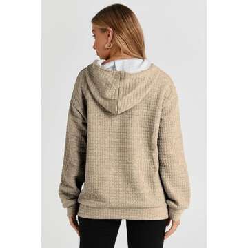 SHEWIN Womens Hoodies Casual Long Sleeve Drawstring Waffle Hoodie Pullover Sweatshirts Loose Hooded Sweatshirt for Women Trendy Fall Tops,US 4-6(S),Khaki