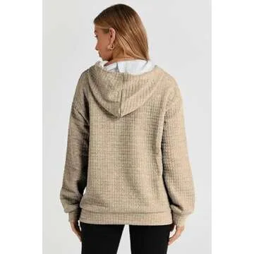 SHEWIN Womens Hoodies Casual Long Sleeve Drawstring Waffle Hoodie Pullover Sweatshirts Loose Hooded Sweatshirt for Women Trendy Fall Tops,US 4-6(S),Khaki