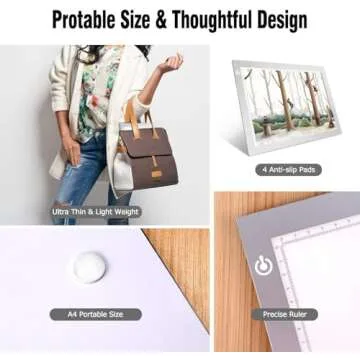 Silver A4 Dimmable LED Artcraft Light Box Tracer Slim Light Pad Portable Tablet, USB Power Cable Copy Drawing Board Tracing Table for Artists Designing, Animation, Sketching, Stenciling X-ray Viewing