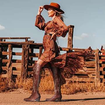 VOMIRA Knee High Boots for Women Pointed Toe Cowboy Boots Chunky Stacked Heel Western Boots Vintage Country Embroidered Cowgirl Boots Over The Knee Boots