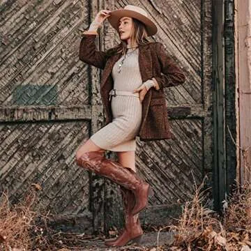 VOMIRA Knee High Boots for Women Pointed Toe Cowboy Boots Chunky Stacked Heel Western Boots Vintage Country Embroidered Cowgirl Boots Over The Knee Boots