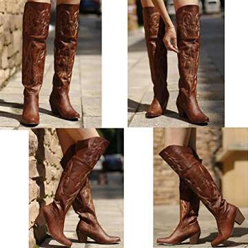 VOMIRA Knee High Boots for Women Pointed Toe Cowboy Boots Chunky Stacked Heel Western Boots Vintage Country Embroidered Cowgirl Boots Over The Knee Boots