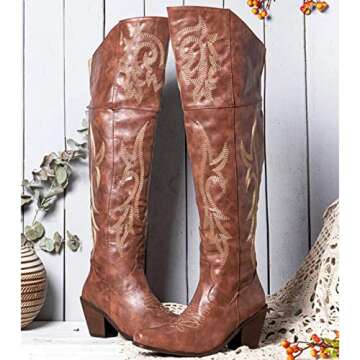 VOMIRA Knee High Boots for Women Pointed Toe Cowboy Boots Chunky Stacked Heel Western Boots Vintage Country Embroidered Cowgirl Boots Over The Knee Boots