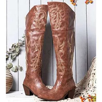 VOMIRA Knee High Boots for Women Pointed Toe Cowboy Boots Chunky Stacked Heel Western Boots Vintage Country Embroidered Cowgirl Boots Over The Knee Boots