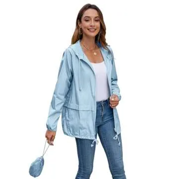 Hount Womans Packable Sport Rain Jackets with Pockets Active Outdoor Sport Windbreakers (Light Blue, S)