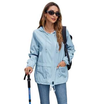 Hount Womans Packable Sport Rain Jackets with Pockets Active Outdoor Sport Windbreakers (Light Blue, S)