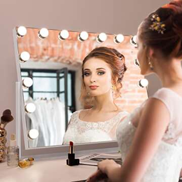 Fenair Tabletop Mount Rotating Hollywood Vanity Mirror with Lights Makeup Mirror with Lighting and USB Charge Port for Bedroom Dressing Room, 15 Dimmable Bulbs, 360° Rotation