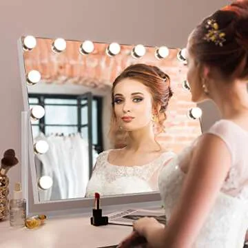 Fenair Tabletop Mount Rotating Hollywood Vanity Mirror with Lights Makeup Mirror with Lighting and USB Charge Port for Bedroom Dressing Room, 15 Dimmable Bulbs, 360° Rotation