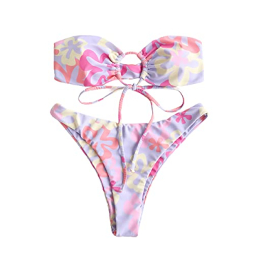 MakeMeChic Women's 2 Pieces Bandeau Swimsuits Tie Front High Cut Bikini Bathing Suit Multicolor L