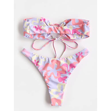 MakeMeChic Women's 2 Pieces Bandeau Swimsuits Tie Front High Cut Bikini Bathing Suit Multicolor L