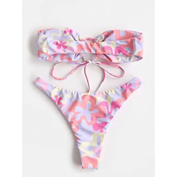 MakeMeChic Women's 2 Pieces Bandeau Swimsuits Tie Front High Cut Bikini Bathing Suit Multicolor L