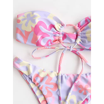 MakeMeChic Women's 2 Pieces Bandeau Swimsuits Tie Front High Cut Bikini Bathing Suit Multicolor L