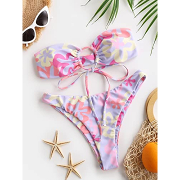 MakeMeChic Women's 2 Pieces Bandeau Swimsuits Tie Front High Cut Bikini Bathing Suit Multicolor L