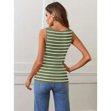 MEROKEETY Women's 2025 Sleeveless Ribbed Tank Tops Striped Knit Square Neck Shirts Summer Casual Basic Tanks Green M