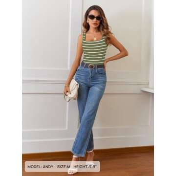 MEROKEETY Women's 2025 Sleeveless Ribbed Tank Tops Striped Knit Square Neck Shirts Summer Casual Basic Tanks Green M