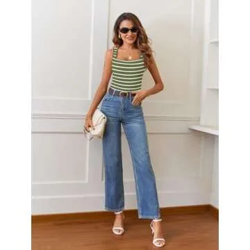 MEROKEETY Women's 2025 Sleeveless Ribbed Tank Tops Striped Knit Square Neck Shirts Summer Casual Basic Tanks Green M