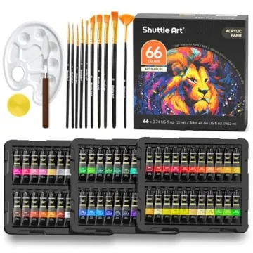 82 Pack Acrylic Paint Set, Shuttle Art 66 Colors Acrylic Paint with 10 Brushes, 22ml/0.74oz Tubes, V...