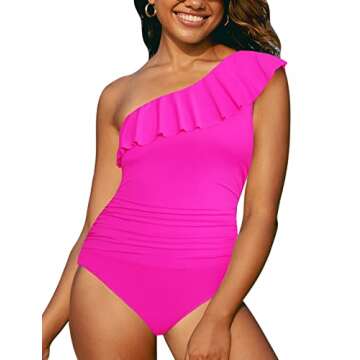 Hilor Women's Plus Size One Piece Swimsuits One Shoulder Swimwear Asymmetric Bathing Suits Neon Pink...