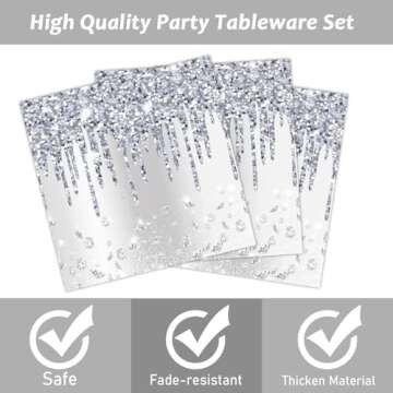 96 Pieces Silver Glitter Tableware Set for Happy Birthday Table Decorations Glitter Diamonds Silver ...
