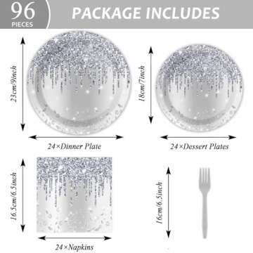 96 Pieces Silver Glitter Tableware Set for Happy Birthday Table Decorations Glitter Diamonds Silver Birthday Theme Dessert Plates Napkins Forks for 24 Guests Silver Glitter Birthday Party Supplies
