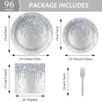96 Pieces Silver Glitter Tableware Set for Happy Birthday Table Decorations Glitter Diamonds Silver Birthday Theme Dessert Plates Napkins Forks for 24 Guests Silver Glitter Birthday Party Supplies