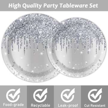 96 Pieces Silver Glitter Tableware Set for Happy Birthday Table Decorations Glitter Diamonds Silver Birthday Theme Dessert Plates Napkins Forks for 24 Guests Silver Glitter Birthday Party Supplies
