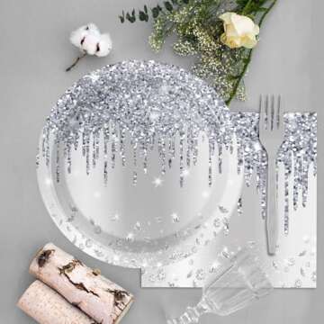 96 Pieces Silver Glitter Tableware Set for Happy Birthday Table Decorations Glitter Diamonds Silver Birthday Theme Dessert Plates Napkins Forks for 24 Guests Silver Glitter Birthday Party Supplies