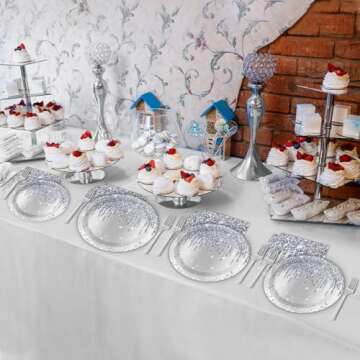 96 Pieces Silver Glitter Tableware Set for Happy Birthday Table Decorations Glitter Diamonds Silver Birthday Theme Dessert Plates Napkins Forks for 24 Guests Silver Glitter Birthday Party Supplies