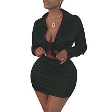 LuFeng Womens Satin Sexy Self Tie Front Long Sleeve 2 Piece Outfits Crop Top and Mini Bodycon Skirt Set