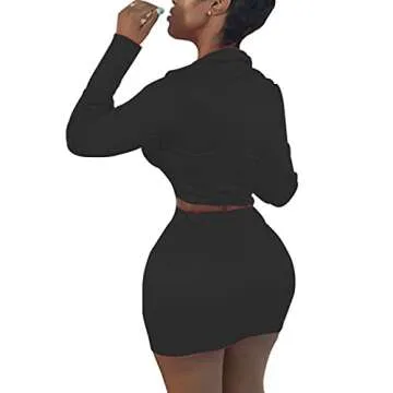 LuFeng Womens Satin Sexy Self Tie Front Long Sleeve 2 Piece Outfits Crop Top and Mini Bodycon Skirt Set