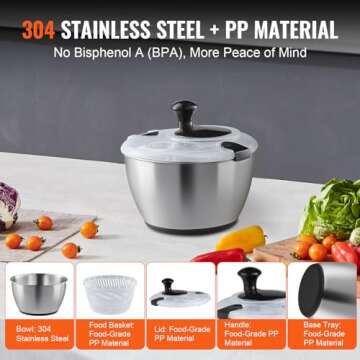 VEVOR Stainless Steel Salad Spinner, 4.75Qt, One-handed Easy Press Large Vegetable Dryer Washer, Lettuce Cleaner and Dryer with 304 Stainless Steel Bowl, for Greens, Herbs, Berries, Fruits, No BPA