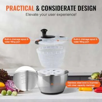 VEVOR Stainless Steel Salad Spinner, 4.75Qt, One-handed Easy Press Large Vegetable Dryer Washer, Lettuce Cleaner and Dryer with 304 Stainless Steel Bowl, for Greens, Herbs, Berries, Fruits, No BPA