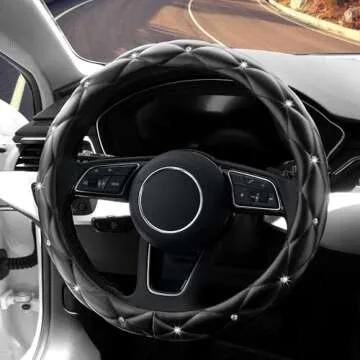 YOGURTCK Diamond Soft Leather Anti-Slip Steering Wheel Cover with Bling Bling Crystal Rhinestones, Universal 15 Inch for Women Girls, Fit Vehicles, Sedans, SUVs, Vans, Trucks - Black