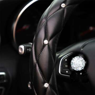 YOGURTCK Diamond Soft Leather Anti-Slip Steering Wheel Cover with Bling Bling Crystal Rhinestones, Universal 15 Inch for Women Girls, Fit Vehicles, Sedans, SUVs, Vans, Trucks - Black