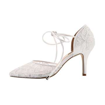 ERIJUNOR Ivory Lace Mesh Satin Bridal Wedding Shoes for Women Comfortable Mid Heel Tie Up Ankle Strap Pointy Toe Pumps