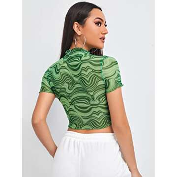 Floerns Women's Sheer See Through Mock Neck Star Pattern Mesh Blouse Tops Without Bra Green Marble L