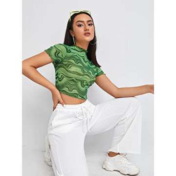 Floerns Women's Sheer See Through Mock Neck Star Pattern Mesh Blouse Tops Without Bra Green Marble L