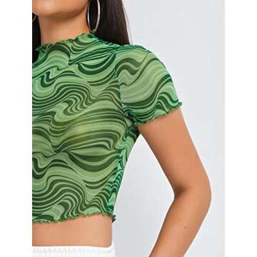 Floerns Women's Sheer See Through Mock Neck Star Pattern Mesh Blouse Tops Without Bra Green Marble L