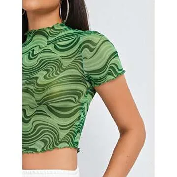 Floerns Women's Sheer See Through Mock Neck Star Pattern Mesh Blouse Tops Without Bra Green Marble L