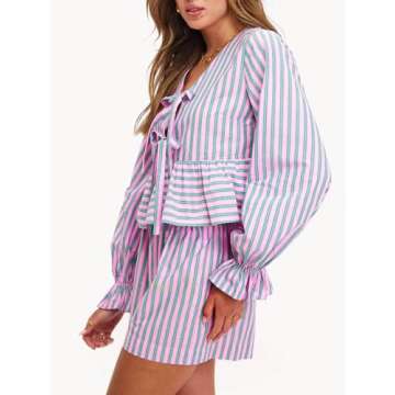 Tankaneo Women’s Y2K Tie Front 2 Piece Shorts Set - Striped Purple Lounge Set