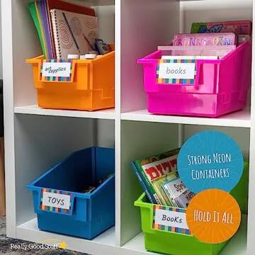 Really Good Stuff Chapter Book Library Bins with Dividers, 8¾" x 13½" x 7¾" - 4 Pack, Neon | Plastic Shelf Bin Organizer for Classroom Library, Book Organization, Documents, Files, Magazines