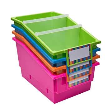 Really Good Stuff Chapter Book Library Bins with Dividers, 8¾" x 13½" x 7¾" - 4 Pack, Neon | Plastic Shelf Bin Organizer for Classroom Library, Book Organization, Documents, Files, Magazines