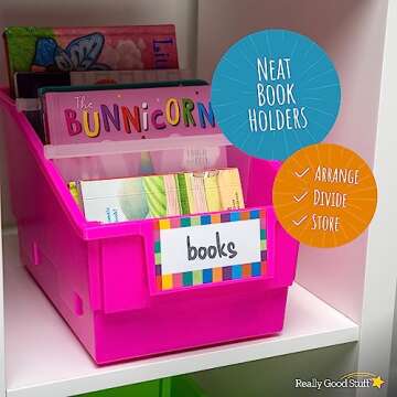 Really Good Stuff Chapter Book Library Bins with Dividers, 8¾" x 13½" x 7¾" - 4 Pack, Neon | Plastic Shelf Bin Organizer for Classroom Library, Book Organization, Documents, Files, Magazines